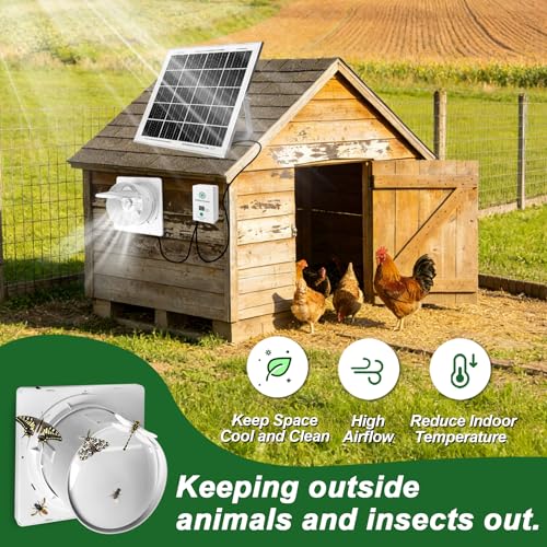 Solar Exhaust Fan with 7500mAh Battery & LCD Display, 25W Solar Panel Vent Fan for Chicken Coop, Greenhouse & Shed, 6" Solar Powered Ventilation Fan, 380 CFM, Ultra Quiet, Day & Night Cooling - size: 6 Inch