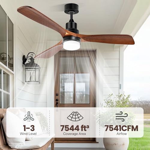Solar Outdoor Ceiling Fan 52" with Battery and Smart Thermostat | Wood Walnut Fan, 2PCS 30W Bifacial Panels, Built-in Light, 3 Speeds, for Barn, Patio, Stable, Gazebo, Adjustable Temp Control - size: 52 inch
