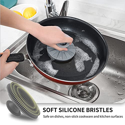 Silicone Dish Scrubber, Non-Scratch Scrub Spong for Washing Dish, Pot, Pan | Kitchen Silicone Sponge, Fruit & Vegetable Cleaning Brush, Reusable Dishwashing Scrubber, Suction Up Hang Designed, 3 Pack - color: 3pcs Black+olive Green+gray