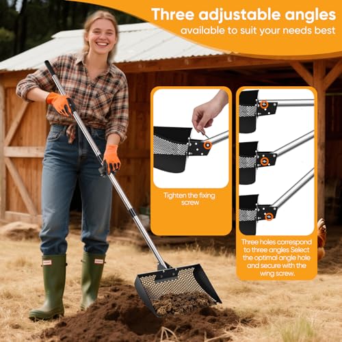 12inch Chicken Poop Scooper & Rake 2-in-1 with Adjustable Handle | Heavy Duty Metal Chicken Coop Scoop for Sand, Adjustable Angle Stainless Steel Chicken Coop Rake Litter Sifting Shovel 37-64" - color: Black