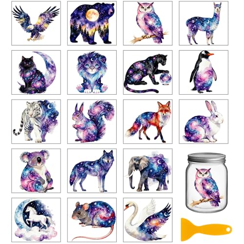 GLOBLELAND 18 Sheets Star Animals Transfer Sticker for Cup Crafts Waterproof 3.9x3.6 inch Universe Cat Decal Stickers Dreamlike Bear Fox Rub on Transfer for Bottle Vase Glass Furniture Decor - style: Star Animals