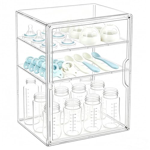 Baby Bottle Storage Organizer for Countertop, Clear Feeding Bottles Station | 3 Tiers Acrylic Baby Bottles Holder Container with Adjustable Dividers & Magnetic Door for Kitchen Cabinet, New Mom Gifts