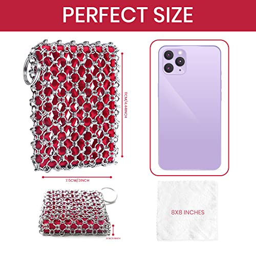 316L Cast Iron Scrubber Chainmail - Chain Mail Scrubber for Skillet, Pan | Cast Iron Cleaner Scrubber and Bamboo Cloth Set - Stainless Steel Chainmail Scrubber for Dutch Oven - Essential Accessory - style: Red CIS with Towel