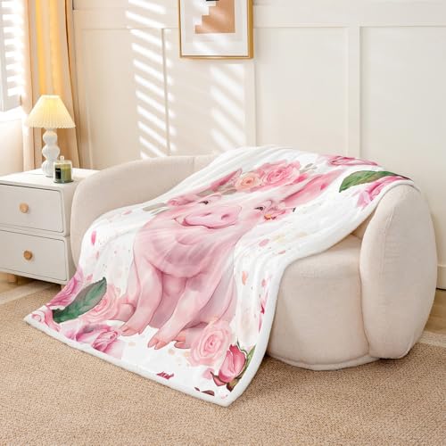 Lovely Pig Kids Throw Blanket,Roses Flowers Dreamy Bed Blanket for Girls Women,Cartoon Animal Cute Livestock Rustic Fleece Blanket,Pink Romantic Fuzzy Blanket,Twin Size (60 x 80 Inches) - color: Pink Green White, size: Twin