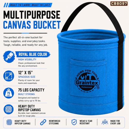 Graintex Canvas Utility Bucket 12"x15", Round Tool Bucket, Reinforced Base & Carry Handle, Ripstop Canvas, Multi-Purpose Bag for Jobsite, Home Use - Royal Blue - color: Royal Blue