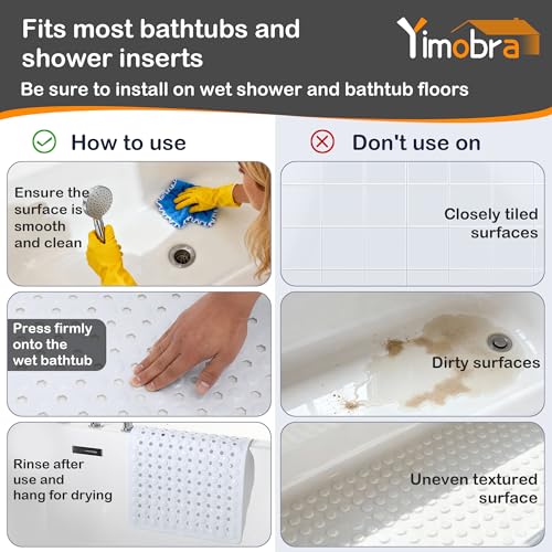 Yimobra Bathtub Mat Non Slip, 34.5"X15.5" Long Shower Mat for Inside Shower, Machine Washable Bath Mat with Drain Holes & Strong Suction Cups, Soft on Feet, Bathroom Essentials, White - color: White, size: 34.5 X 15.5 Inch
