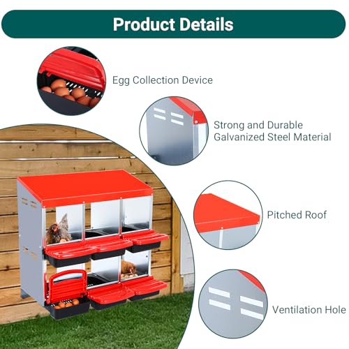 Chicken Nesting Boxes 6-Compartment Wall Mount Roll Away Poultry Laying Boxes with Easy Egg Collection & Cleanable Pull-Out Tray – Heavy Duty Hen Roosting Box for Coop - color: Red