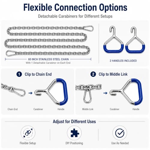 60-Inch Calf Pulling Chain Set, 304 Stainless Steel, 2 Handles, Carabiners | 304 stainless steel; detachable carabiners clip to chain ends or any link for flexible setups; for cows, cattle and goats