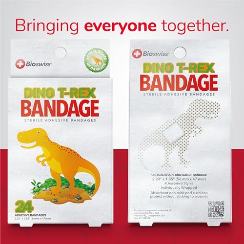 BioSwiss Bandages, Dinosaur Shaped Self Adhesive Bandage Set, Latex Free, Sterile Wound Care, 24 Count - size: 24-Count Box, style: Dinosaur