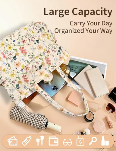 Corduroy Tote Bag for Women, Cute Floral Tote Bag with Zipper, Large Shoulder Handbag with Multi-Pockets for Work Travel Gym - color: Retro Floral
