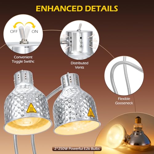 Dyna-Living Food Heat Lamp, 2-Head Adjustable Heat Lamp for Food Commercial Electric Food Warmer Lamp Catering Warming Lights for Buffet Parties Restaurant Kitchen, 500W - color: Silver