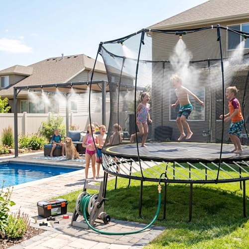 Misters for Outside Patio 63FT(19.2M)+21 Brass Mist Nozzles+a Brass Adapter(3/4") Detachable outdoor misting cooling system for Garden, waterpark, Greenhouse, Backyard, Fan, Umbrella, Deck, Canopy - size: 63 feet