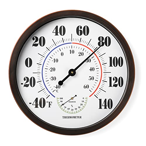 Indoor Outdoor Thermometer Wall Large Numbers Thermometer No Battery 12" Hanging Digital Weather Hygrometers for Home Garden Outside Patio Decor (Brown) - color: Brown, size: 12"