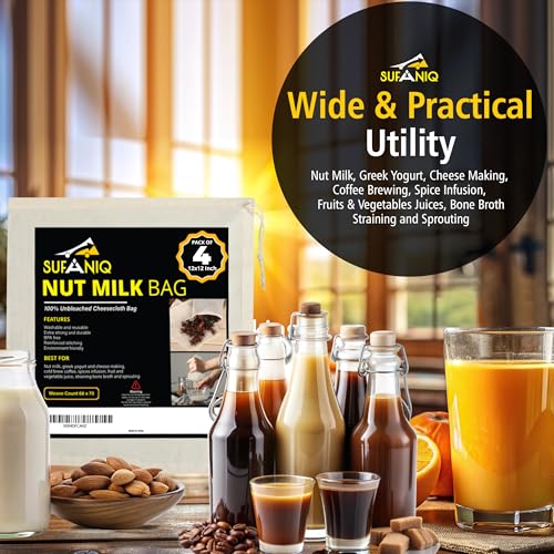 Nut Milk Bag - 4 Bags (12 x 12 Inch) 100% Unbleached Cotton Cheese Cloth Bag for Straining, Premium Nut Milk Bag Reusable, Nut Bag Strainer for Almond, Soy, Oat Milk, Juices, Cheese Making - size: 12x12 / 4 pieces