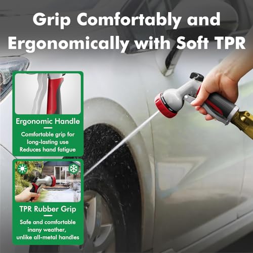 RESTMO Garden Hose Nozzle, Heavy Duty Metal Water Hose Nozzle with 7 Adjustable Spray Patterns, High Pressure Hand Sprayer with Flow Control, Best for Watering Plants & Lawns, Washing Cars & Pets, Red - color: Red