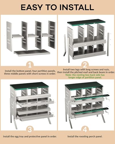 GarveeTech Chicken Nesting Box for Laying Eggs, 6 Compartment Galvanized Steel Laying Boxes for Hens with Front Access Tray, Easy Wall Mount, Includes 6 Training Eggs - color: Green