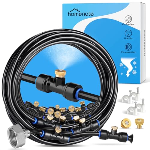 HOMENOTE Misting Cooling System, 98FT(30M) Pre-Assembled Mister Kit | 27 Brass Nozzles & 3/4" Brass Adapter, Cooling Mister for Patio, Backyard, Pets, Garden & Greenhouse - size: 98FT / 30M