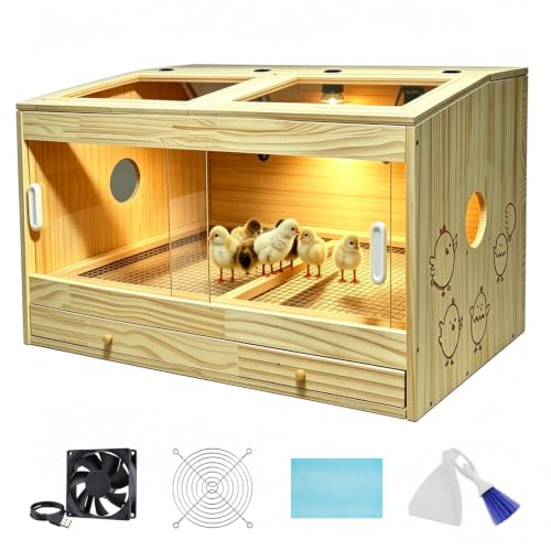 Large Wooden Chicken Brooder Box, Upgraded Drawer Manure Separation, Up to 30 Chicks, All-in-One Brooder with Heating Lamps, Ventilation Fan, Cleaning Tools and Thermometer, 31.5" × 15.7" × 19.6"