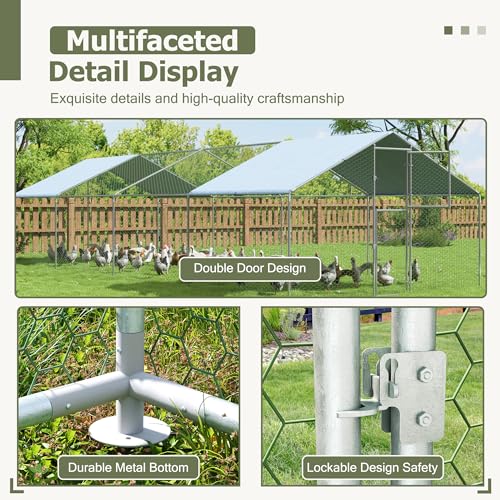 Large Metal Chicken Coop,19.7x9.8x6.4 FT Chicken Run for Yard with Waterproof & Anti-UV Cover,Walk in Chicken Pen with Feeding Door (26.2 * 9.8 * 6.4 ft) - size: 314.8"L x 118.1"W x 76.8"H