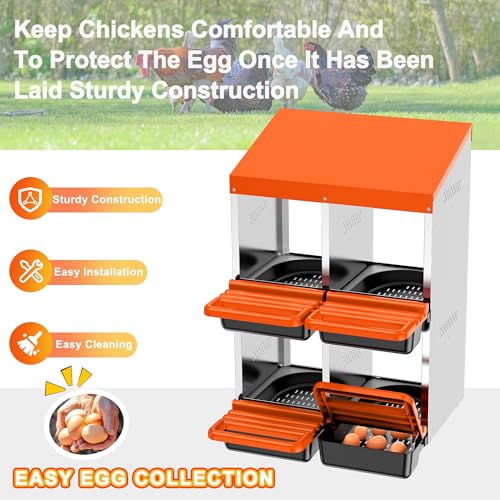 Chicken Nesting Boxes, Roll Away Nest Box for Egg Collector, 4 Holes Orange | Metal Nesting Box for Laying Eggs with Lid Cover to Protect Eggs, Easy Wipe, Slide Out for Quick Bedding Change and Rinse - size: 4 Holes