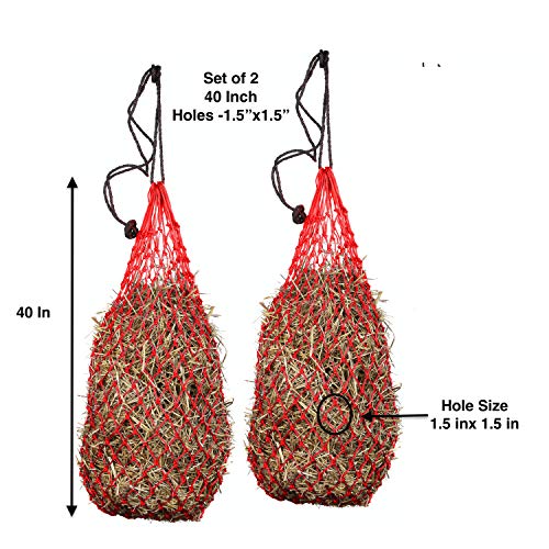 Majestic Ally 2 pcs Ultra Slow Feed 1.5"x1.5" Holes 40” Hay Net for Horses and livestocks (Red) - color: Red