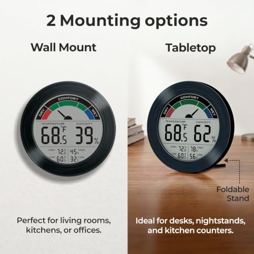 Digital Hygrometer Indoor Thermometer, Brushed Metal Frame, Black | Large round display, clear digits, accurate readings, comfort gauge, humidity meter, room temperature and humidity monitor - color: Black Stainless