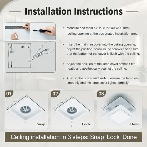 8 * 8" Bathroom Exhaust Fan with Led Lights, 125 CFM Whisper 1.0 sone, 8"x8" Opening, 9.3" Housing Ceiling Vent, Extractor for Ventilation, Garage, Basement, Kitchen - size: 8“ openning with Led