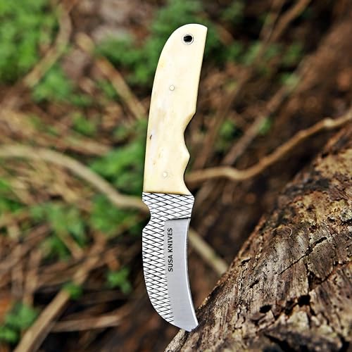 Custom Handmade 7'' fixed blade hoof rasp Hawkbill fixed blade Knife Electricians Knife Lineman’s Hawkbill knife, with pancake leather sheath (BONE) - color: BONE