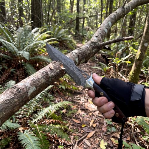 Damascus Hunting Knife 10.4" Fixed Blade VG10 Leather Sheath | 513-layer hand-forged bowie construction with ergonomic rosewood handle for outdoor camping and survival - style: Damascus Steel-2