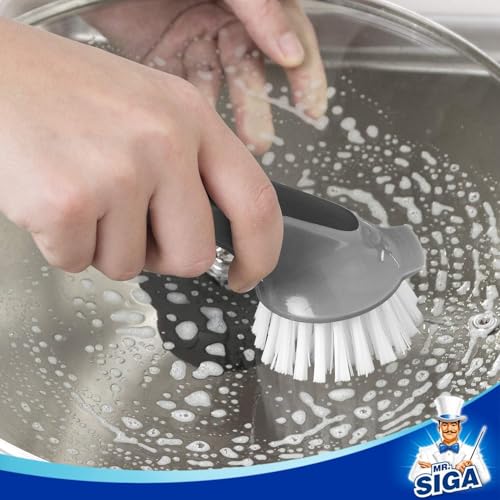 MR.SIGA Pot and Pan Cleaning Brush, Dish Brush for Kitchen, Gray, Pack of 2 | Dish brush with non slip handle and built in scraper - color: Black & Grey