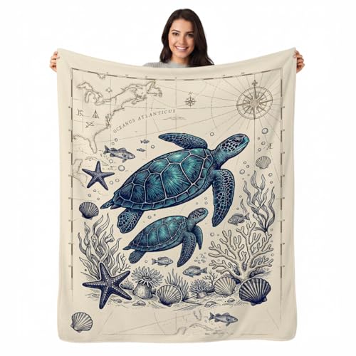 Vintage Nautical Turtle Throw Blanket, Flannel Fleece 50" x 60" | Yujiiso Vintage Nautical Sea Turtle Blanket Lightweight Decor for Living Room, Bedroom, Office and Travel, Home Decor Gift - color: Vintage Nautical Sea Turtle, size: 50"x60"