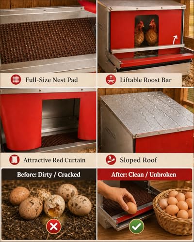 Roll Away Nesting Box with Reversible Roll Out Egg Collection for 20+ Hens | With nesting pads, Galvanized metal, Easy collection, Rustproof, Easy to install & clean, with gloves & protective strips