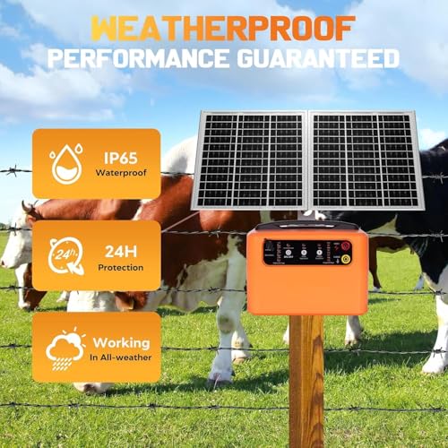 30 Miles/48km Solar Electric Fence Charger,15W Solar Powered Fencer with Adjustable 6KV to 12KV Output (0.3J-1.5J),Battery Level LCD Display,All-Weather Kit for Livestock,Deer,Farm,Yard