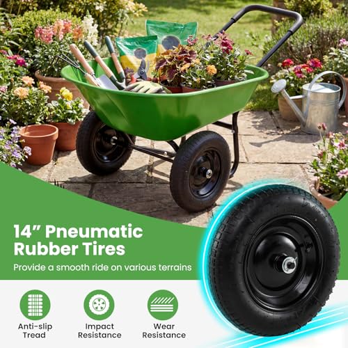 IRONMAX Dual-Wheel Wheelbarrow with All-Terrain Wheels, 220LBS, Light Green | Heavy Duty Wheel Barrow Gardening Cart, Yard Cart with Built-In Stand for Lawn, Farm & Planting - color: Light Green