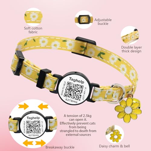 QR Code Breakaway Cat Collar 2-Pack, Safety Collar with Online Pet ID Profile, Flower Bell Collars for Lost Cat Prevention,Ideal for Girl Cats Boy Cats(Yellow&Green) - color: Pastoral style - Yellow & Green