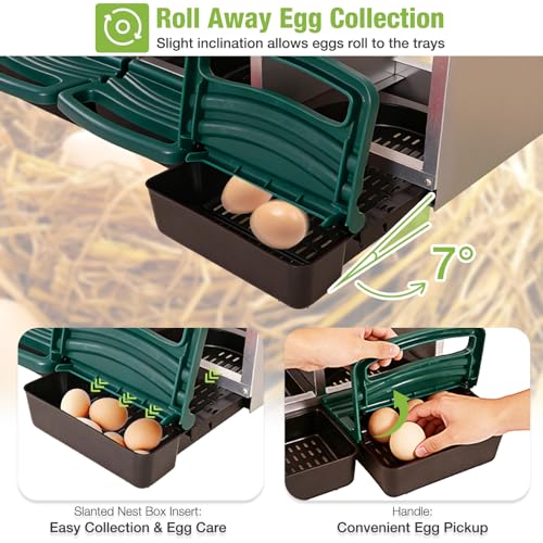 GUTINNEEN Chicken Nesting Box, 3 Compartment Metal Nesting Boxes with Roll-Away Egg System for Hens, Ducks & Rabbits, Technical Design for Efficient Egg Collection, Green - color: Green