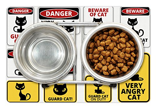 Lunarable Funny Pet Mat for Food and Water, Beware Guard Cat Signs Humorous Comic and Plates Warning Graphic, Non-Slip Rubber Mat for Dogs and Cats, 18" X 12", Yellow Red - color: Yellow Red