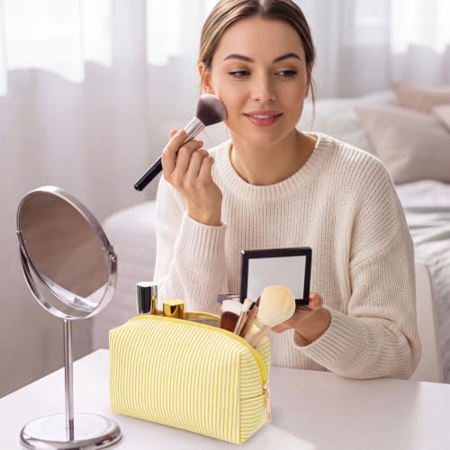 Sanwuta 20 Pcs Seersucker Cosmetic Bags Bulk, Striped Zippered,Yellow | Makeup Bags Women Pouch, Large Preppy Storage Toiletry Travel Pouch for Wedding Bridesmaid Bride Favor Back to Teacher Gift - color: Yellow