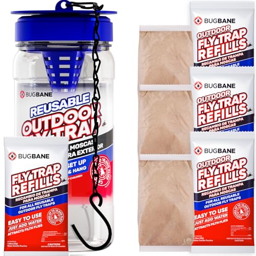 1 Reusable Outdoor Fly Trap with Chains with 5 Non-Toxic Dissolvable Bait Refills