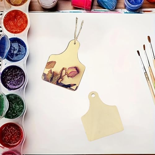 32 Natural Wooden Cow Ear Tags - Unfinished Hanging Tags with Ropes