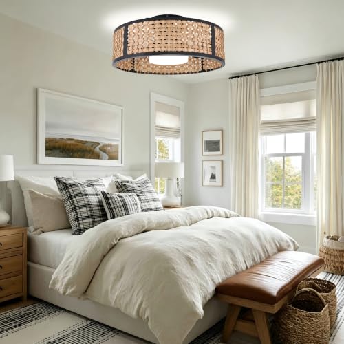 20" Boho Caged Ceiling Fan with LED Light and Remote Flush Mount | Woven Rattan Fandelier Low Profile Small Chandelier for Bedroom Kitchen Living Room 3CCT Dimmable Reversible DC Motor 6 Speed