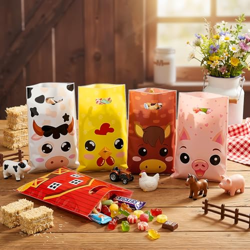 Resurhang 50 Pcs Farm Animal Favor Bags Bulk 6.5x9.8 Inch Plastic Farm Theme Goodie Treat Gift Bags Funny Candy Cookie Tote for Farmhouse Barnyard Birthday Decor Supplies Baby Shower Wrapping - style: Farm Animal