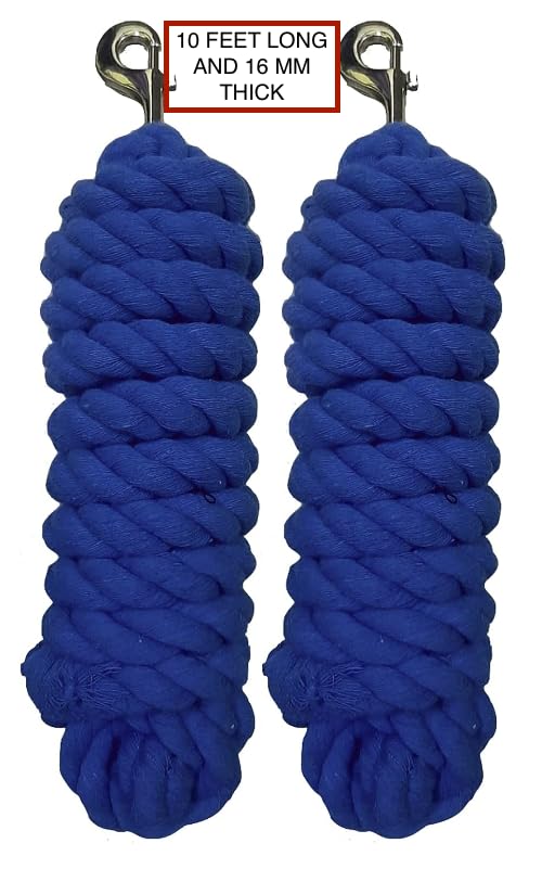 Majestic Ally Pack of 2 Solid Cotton Lead Rope for Horses & Livestock – 10 Foot Long and 5/8 inch (16MM) Thick - Replaceable Heavy-Duty Satin Bolt Snap – Handmade – Soft, Broken in Feel (Royal Blue) - color: ROYAL BLUE