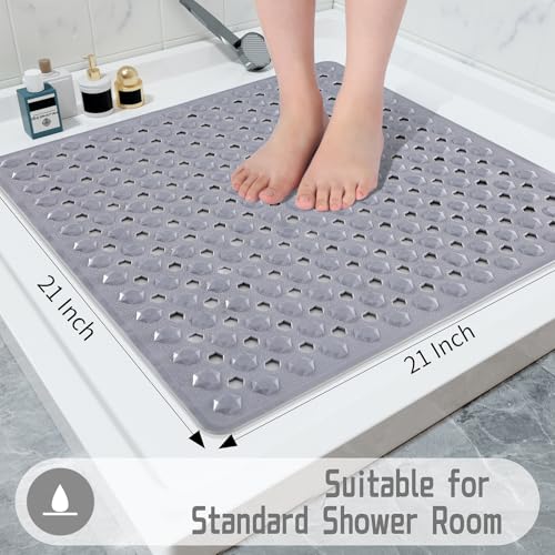 Yimobra Square Shower Floor Mat Non Slip, 21"X21" Machine Washable Bath Tub Mat, Soft on Feet, Bathmat with Drain Holes and Suction Cups, Fast Draining, Grey - color: Grey, size: 21 X 21 Inch