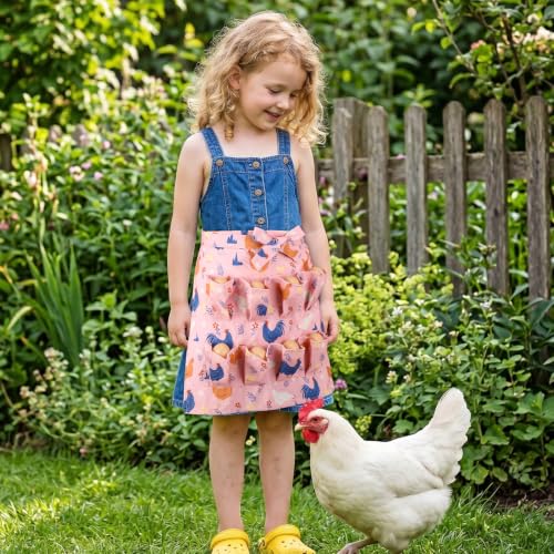 Egg Collecting Apron and Basket, 8 Pouches Chicken Egg Apron for Kids, 7 Pouches Egg Basket for Gathering Fresh Eggs - color: Pink