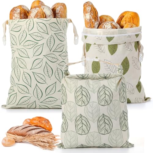 Tallew 3 Pack Beeswax Bread Bags for Sourdough Homemade Bread, Large 17x13 Inch Reusable TPU lining Beeswax Storage Bags with Sealing Zip Keep Fresh Freezer (Leaf Style) - style: Leaf Style