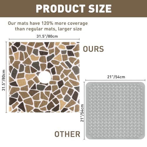 Square Shower Mat Non Slip: 32 x 32 Inch Extra Large Shower Mats with Drain Hole in Middle - PVC Loofah Anti Slip Shower Floor Matt for Inside Shower - color: Coffee Cobblestone, size: 32" x 32" (Square)