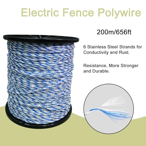 Electric Fence Poly Wire, 656 Feet 200 Meters with 6 Stainless Strands | Good Rust Resistance and Conductive for Farm Fencing, Hot Wire Fence, Portable Livestock Fencing, Poly Wire Rope Line - size: 656FT/200M