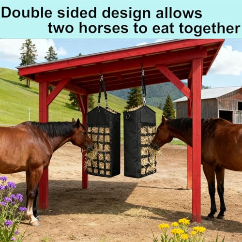 Hay Bags for Horses, 2PCS Slow Feed Hay Bags for Goats, Sheep, Donkey, Two-Sided Premium Oxford Hay Feed Bags and High Strength Metal Clasp, Easy to Hang with Adjustable Strap(Black, Large 2 Pack) - size: 2PCS