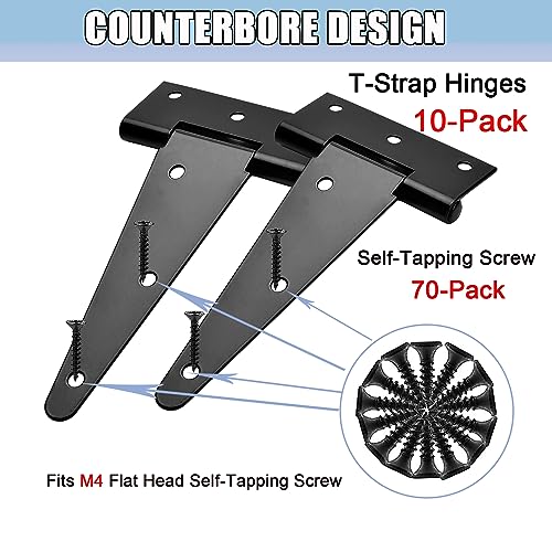 6 Inch Heavy Duty Gate Hinges, 10 Pack T Strap Hinge Shed Storage Gate Barns Tee Hinges with Screws for Wooden Fences, Shed Doors, Outdoor Barns, Black